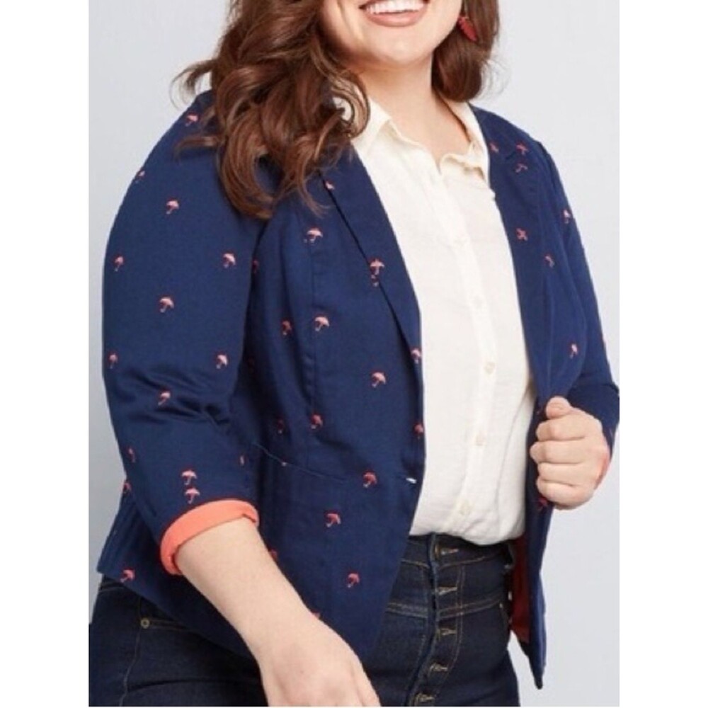 ModCloth Navy Blazer Red Umbrella Print Coral Lined Jacket Single Button Preppy